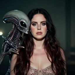 still of a lana del rey with an alien facehugger on her face.