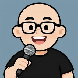 clip art of a man, bald, wearing glasses, big smile, holding a microphone