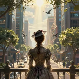 portrait of a victorian lady in a futuristic city, from behind, streets, birds in the sky, sunlight and rays of light shining through trees, tall buildings on the sides, beautiful, solarpunk!!!, highly detailed, digital painting by Peter Mohrbacher and Michael Garmash