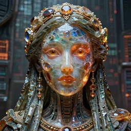 detailed portrait, high priestess, molten glassworks face sculpted features, large eyes, statuesque, glass skin, fiberglass hair, tech noir, opulent, encrusted, jewel, refractions, chiulily, cybernetic, organic, matrix backdrop, natural colors, octane render
