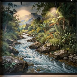 a stream running left to right. | detailed mural