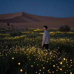 fireflies in a desert inspired by Evgeny Lushpin,flower meadow,spring,cinematic,trending on ArtStation