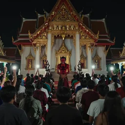 a hd colored vhs footage of a view of a horror devil exorcism in thai temple, night scene with flash, scene, highly detailed, blair witch footage, vhs footage