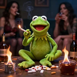 kermit the frog on a drug and alcohol fueled binge, cigaretts, flames, hookers, hyper realistic, photography, dark vibes