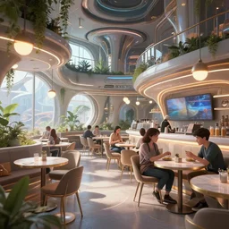a futuristic utopian solarpunk cafe