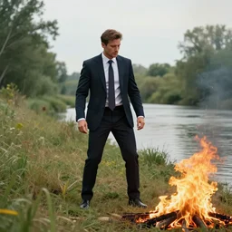 a still of evil ambitius man in suit setting fire to the wild nature near a river, enjoying the destruction, art by James Gurney , Charlie Immer, Award winning photo, sharp focus, octane render 8k , dramatic lighting, propaganda