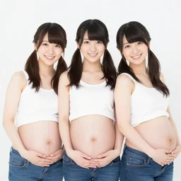hitomi Tanaka pregnant with triplets, smiling, pigtails, portrait, photography