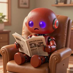 futuristic super cute lonely matte brown and red full-body humanoid robot with two huge round expressive sad purple glowing LED eyes and open rectangular mouth sitting on a large comfortable cushioned 1950s vintage recliner reading a newspaper. open newspaper. Cinematic Movie Photograph, Arri Alexa, Extremely Detailed, smooth, very very clean, 8K, octane render, maya render, unreal engine, trending on artstation, DSLR, excellent composition, center frame