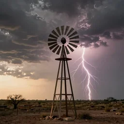 photo of a stormy west texas sunset, perfect rustic windmill, film photo, lightning, golden hour, high quality, beautiful!!!