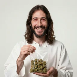 jesus holding a bag of weed, happy, red eyes