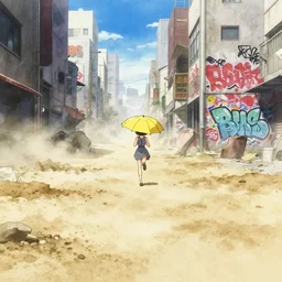 anime, incredible wide screenshot, ultrawide, simple watercolor, rough paper texture, ghost in the shell movie scene, girl in a dress running through the city, yellow parasol in deserted dusty shinjuku junk town, bold graphic graffiti, outdoors, bright sun bleached ground, mud, fog, dust