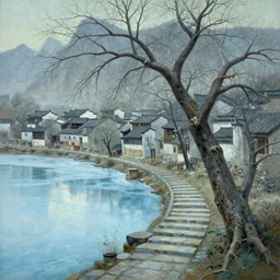 a gorgeous painting by barlowe wayne maxfield parrish and marco mazzoni. close - up shot on tree no leaf, no flower!! china mountain village!! grey blue and light verdancy. the lake ice is melting. the winding stone steps. ultra clear detailed. 3 d, octane render. chinese wuxia. 8 k