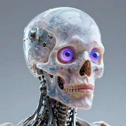 3D render of a STEAMpunk cyborg with translucent skull filled with a fractal of liquid mercury switches, neon eyeballs, titanium skeleton, anatomical, latex flesh and facial muscles, neon wires, microchips, electronics, veins, arteries, glowing, highly detailed, octane render, global lighting by H.R. Giger and ERIN HANSON and Jeffrey Smith, 8K HDR