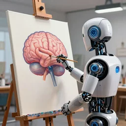 photorealistic illustration of a robot making a beautiful painting of a human brain on a canvas in a modern artist studio, artstation, deviantart, cgsociety, robot holding a paintbrush