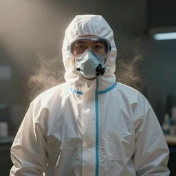 portrait photo of scientist in a biohazard suit, fashion, render, volumetric light, artstation, fine details, digital art, symmetrical, dramatic light, dust in air