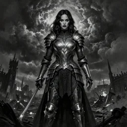 By Tom Bagshaw and Boris Vallejo, ultra realist soft painting of a warzone by night, centered Gothic fully armored Megan Fox standing, horror, omnious sky, symmetry accurate features, very intricate details, black and white, volumetric light clouds