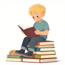 a three year old boy with short blonde hair sits on top of a tall pile of books, reading. clear, detailed face. clean cel shaded vector art by lois van baarle, artgerm, helen huang, by makoto shinkai and ilya kuvshinov, rossdraws, illustration, art by ilya kuvshinov