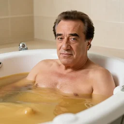 photo of danny devito inside a peanut butter jacuzzi,