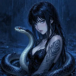 seductive snake - girl, in the rain, highly detailed, painting, dark blue and black color palette, intricate, high quality anime artstyle, in the style of ilya kuvshinov