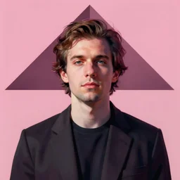 musician. portrait. bauhaus, angular, geometric, symmetrical. pink color theme. flat, solid background.