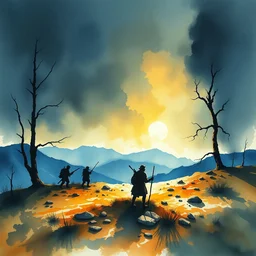 small centered on watercolor paper, paint brush strokes, abstract watercolor painting of prehistoric human hunters at nightfall, dramatic cinematic light, national romanticism by hans dahl, by jesper ejsing, by anders zorn, by greg rutkowski, by greg manchess, by tyler edlin