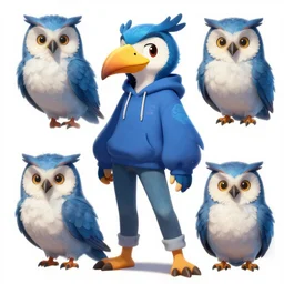 portrait digital art. humanoid furry! anthro, anthro, anthro, avian, avian, avian!!! fursona, bird, bird, bird!!! digital art! trending on artstation! subject wearing hoodie and jeans!! subject is female!! female!!! big beak, big beak, big beak!!! blue feathers!! birdfolk!! owlkin!! Character design by charlie bowater, ross tran, artgerm, and makoto shinkai!!! detailed!!!