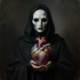 Mysterious assassin  with segmented pale face in black cloth holds surreal ornate heart in her hands, the long shot, dramatic lighting, high-detailed oil painting by James Christensen, William Blake and Repin, masterpiece, 4k