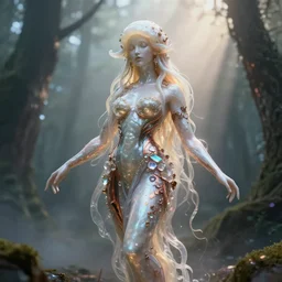 beauteous sumptuous medusa, white pearlescent, chrome, iridescent titanium, crystal, liquid gold, copper, bronze, by lee jeffries, cinematic forest lighting, crystalline masterpiece incrustations, hyperdetailed metalwork, in volumetric soft glowing mist, elegant pose, movie still, octane render, unreal engine, crepuscular rays,
