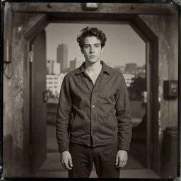 san francisco, strawberry hill, post - nuclear city in background, man standing in front of bunker door, tintype photograph