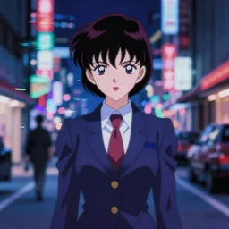 blurry and dreamy screencap of a character from 8 0 s horror anime, vampire woman with short hair wearing dress suit with tie, satoshi kon anime, character design by yoshitaka amano and junji ito, glitchy vhs tape, streets of night tokyo in the background, perfect blue color palette, noisy film grain effect, blurry image