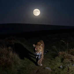 A panther, with glowing red eyes, in the distance, facing the camera, prowling Dartmoor national park, semi-dark, silhouetted by a full moon, long shot, full shot, wide shot