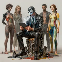 portrait of a transforming masked actor sitting on a stalagmite looking into a tablet smoking vape by james jean and luc tuymans and beeple and hernan bas and pat steir and hilma af klint, psychological, 3 d, dripping paint, high quality render, masterpiece