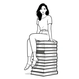 clean simple line art of a woman sitting on top of a tall pile of books. white background. well composed, clean black and white line drawing, beautiful detailed face. illustration by josan gonzalez and steve ditko and greg rutkowski