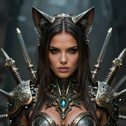 beautiful fantasy art portrait, adriana lima with cat ears, ultra realistic, wide angle, intricate details, blade runner artifacts, highly detailed by peter mohrbacher, boris vallejo, hajime sorayama, wayne barlowe, paolo eleuteri serpieri