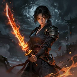 a detailed picture of a female ninja holding a flaming katana, ominous nighttime storm, fantasy, d & d, intricate, elegant, highly detailed, digital painting, artstation, concept art, matte, sharp focus, illustration, art by m. c. escher