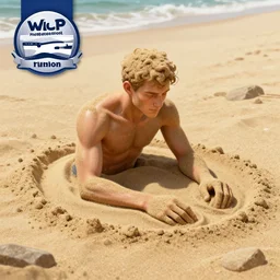 a little man made of sand, on huge beach, close - up, highly detailed, anatomically correct, digital art by wlop, deviantart contest winner, fantasy art, digital illustration, digital painting, photoillustration