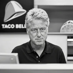 b & w shot of taco bell with bill clinton as cashier ( 1 9 9 4 ) ( eos 5 ds r, iso 1 0 0, f / 8, 1 / 1 2 5, 8 4 mm, postprocessed, crisp face, facial features )