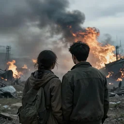 a young couple watching the unfolding apocalypse, romantic