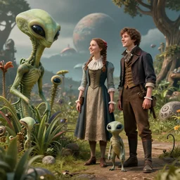 detailed, sharp, a girl and a boy standing next to some alien plants, looking happy, wearing 1860s era clothes, their small pet alien creature is standing nearby, in a park on an alien planet, steampunk, extremely highly detailed, hyperrealistic, still from a sci fi movie, 8k, HD, good lighting