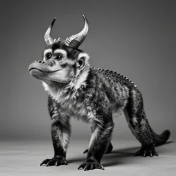 rare classified photo, black & white, studio lighting, a standing fish crocodile monkey, horns, real fur, real skin