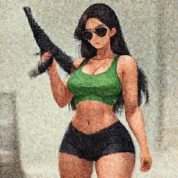 a full shot of a beautiful curvy anime girl with an athletic feminine body holding an m4 assault rifle in a green tank top with black shorts and aviator classic sunglasses, long hair, anatomically correct, tanned body, gainax