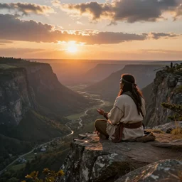 an shaman sitting at the top of a cliff, looking down at the valley, doing a vision quest, beautiful sunset, dnd art