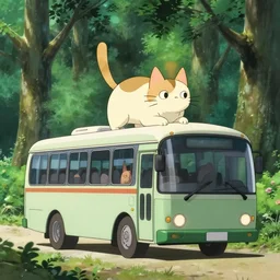 digital illustration anime bus as cat in the forest, by miazaki, by leiji matsumoto