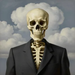 portrait of a skeleton in a suit, clouds in the background, by rene magritte, detailed painting, distance, middle centered, hd, hq, high resolution, high detail, 4 k, 8 k