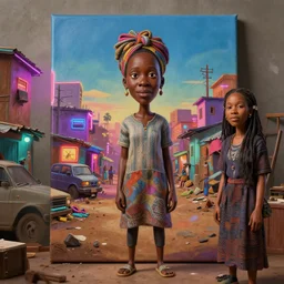 stylish caricature art of a deserted neon lit ajegunle slum in nigeria, photographed by vivian maier, unreal engine 3 d vfx render, digital illustration by mike winkelmann, intricate detail, sharp, volumetric light, ray tracing, soft light, colourful, claymation, acrylic on canvas, cinestill, rule of thirds,