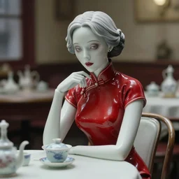 movie still of a beautiful woman made out of porcelain sitting at a table in a cafe, wearing a red cheongsam, smooth white skin, creepy, tea set in foreground, directed by Guillermo Del Toro