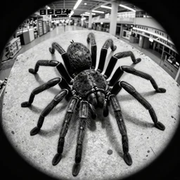 camera footage of a Gigantic cockroach spider in an abandoned shopping mall, high exposure, dark, monochrome, camera, grainy, CCTV, security camera footage, timestamp, zoomed in, fish-eye lens, spiders, spider, cockroach, spider, horrifying :4
