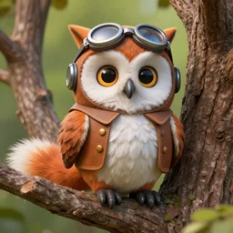 hyperrealistic 1 9 2 0 s 3 d owl wearing pilot clothes, funny facial expression, in a tree by beatrix potter, sharp fox, detailed fluffy feathers