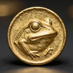 an ancient greek gold coin with the frog face, winking with one eye, close up photo, ultra realistic, studio photo, bokeh, 4 k, hd, centered