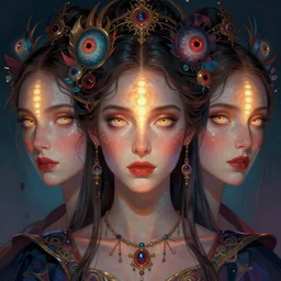 woman with three vertical pairs of glowing eyes, fantasy, digital art by eugene de blaas, ross tran, and nasreddine dinet, vibrant color scheme, intricately detailed, in the style of romanticism, cinematic, artstation, greg rutkowski